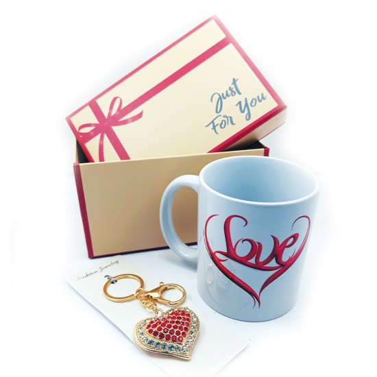 Δωρόσημο 13606-3 σετ δώρου ερωτευμένων μπρελόκ καρδιά κόκκινη με κούπα Love