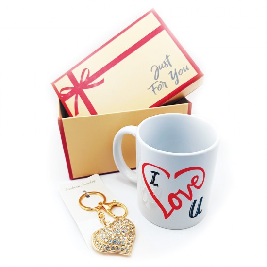 Δωρόσημο 13606-1 σετ δώρου ερωτευμένων μπρελόκ καρδιά ασημί με κούπα I Love you