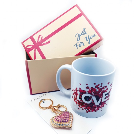 Δωρόσημο 13606-2 σετ δώρου ερωτευμένων μπρελόκ καρδιά ροζ με κούπα Love