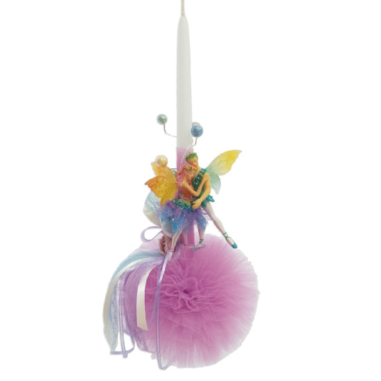 Georgia candle creations 04088 λαμπάδα με πομπόν λιλά με ζεύγαρι ξωτικών
