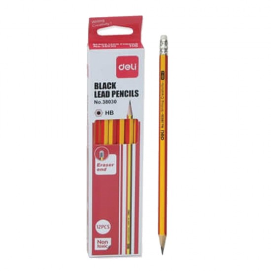Deli No38030 σετ μολύβια με γόμα HB 12 τμχ κόκκινο/κίτρινο