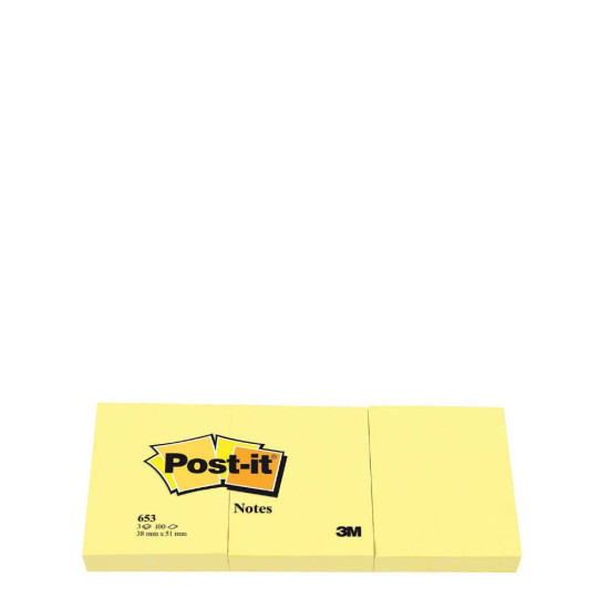 3M Post it 653 χαρτάκια σημειώσεων αυτοκόλλητα 51x38mm 100φ 3τμχ κίτρινο